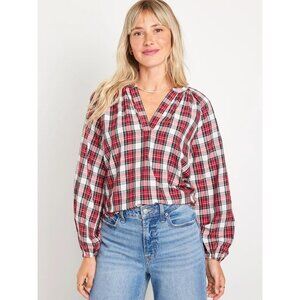 Old Navy Womens XL Plaid Split Neck Plaid Seersucker Shirt Long Sleeve Blouse